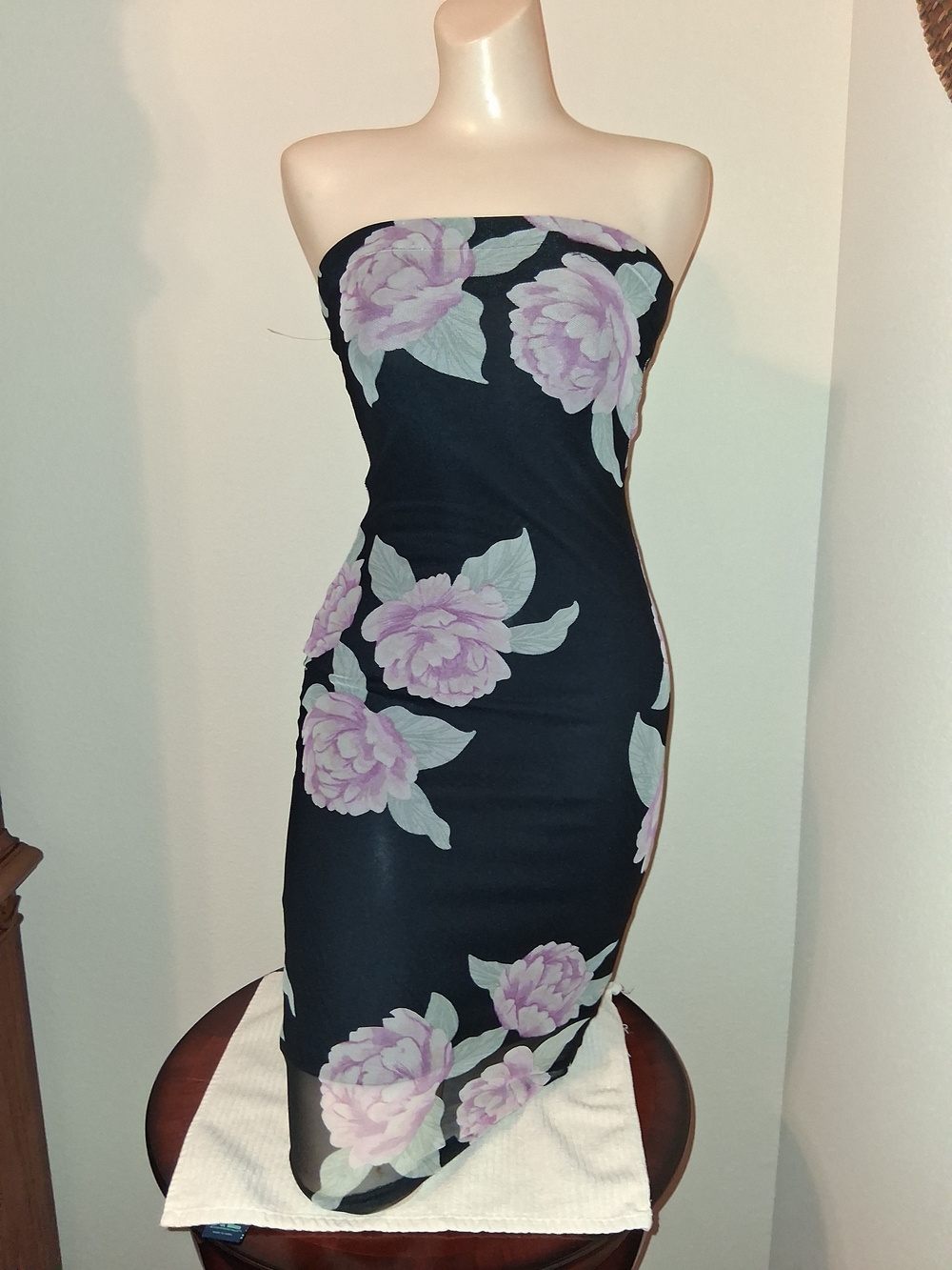 Black Strapless Midi Dress with Lavender Floral Print